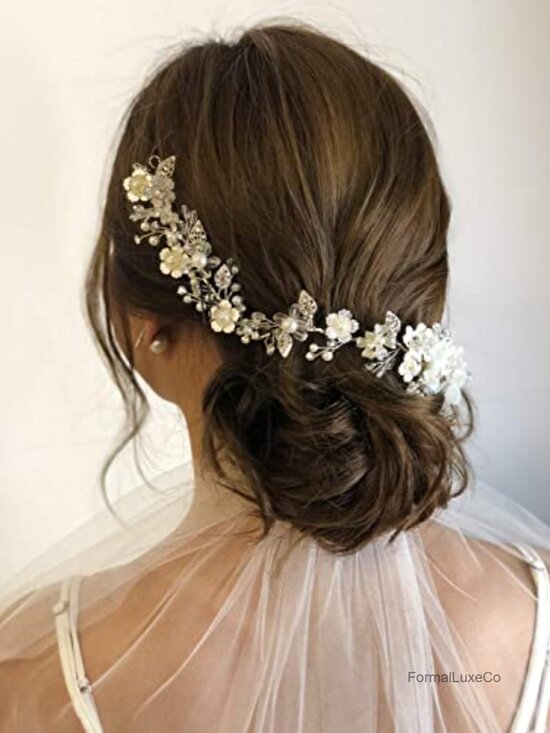 Pearl Bridal Headband Silver Crystal Flower Hair Accessories for Women main image 6